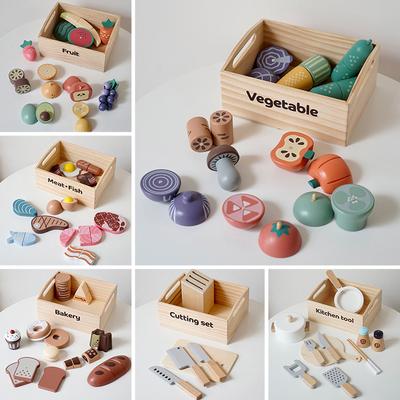 Wooden Pretend Play Kitchen Toys Cutting Food Accessories Set Fruit Vegetable Bakery Meat Fish Early Educational Cognition Toys