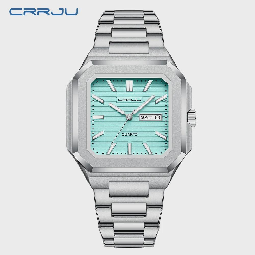 Luxury Men's Quartz Watch Square Case Day Date Display Stainless Steel Wristwatch