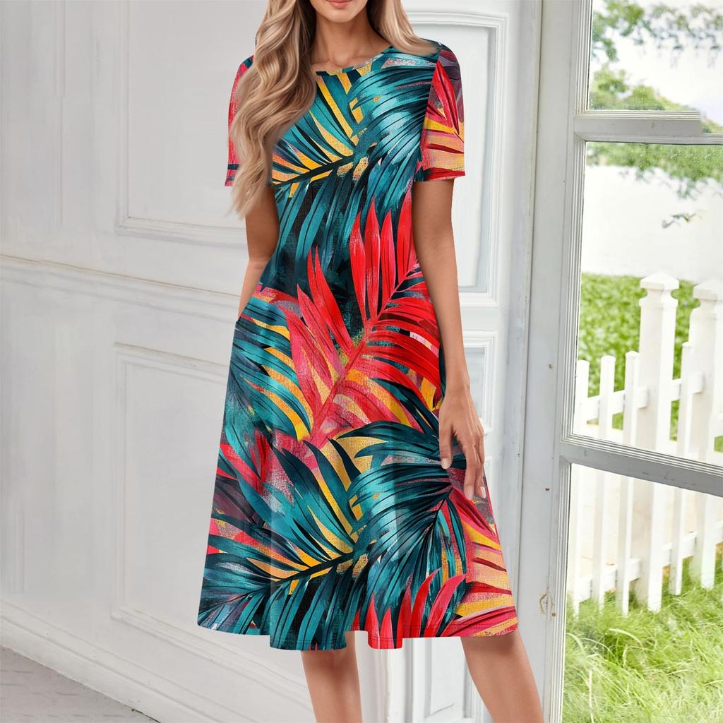 Women's Fashionable Print Round Neck Loose Short Sleeved Pocket Pullover Dress