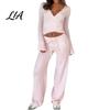Büroparty-Kleidung Hosen Damen Sweatshirt 2-teiliges Set, V-Ausschnitt Slim Fit Oberteil & Hohe einfarbige Lounge-Kleidung mit Taille Weiter Bein Hosen, für Frühling