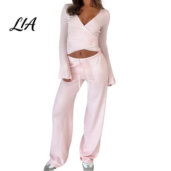 Büroparty-Kleidung Hosen Damen Sweatshirt 2-teiliges Set, V-Ausschnitt Slim Fit Oberteil & Hohe einfarbige Lounge-Kleidung mit Taille Weiter Bein Hosen, für Frühling