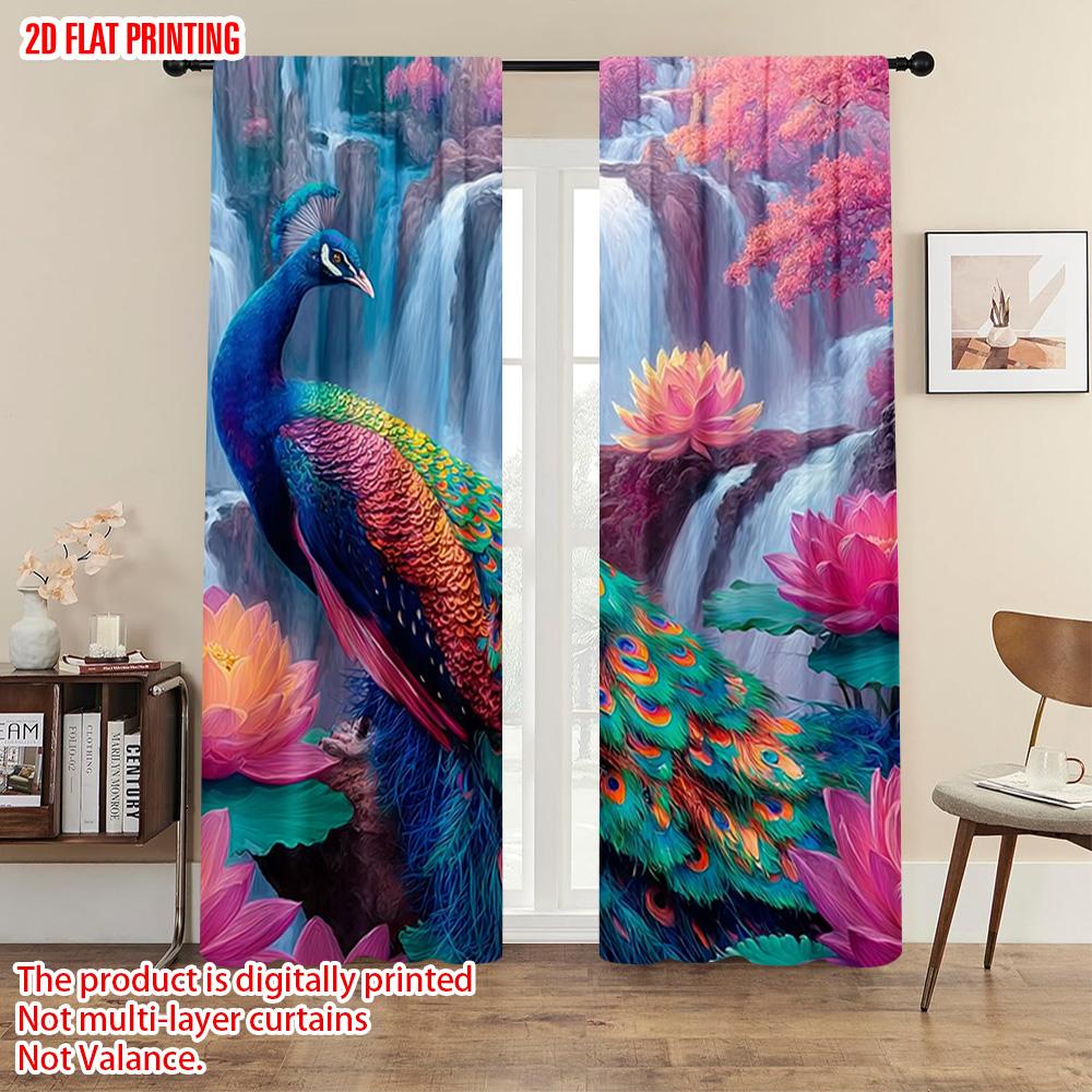 2pcs  2D Plane Printing Curtains Digital Printed Colorful Peacock Design Polyester Easy Install (without Rod) Decorations For