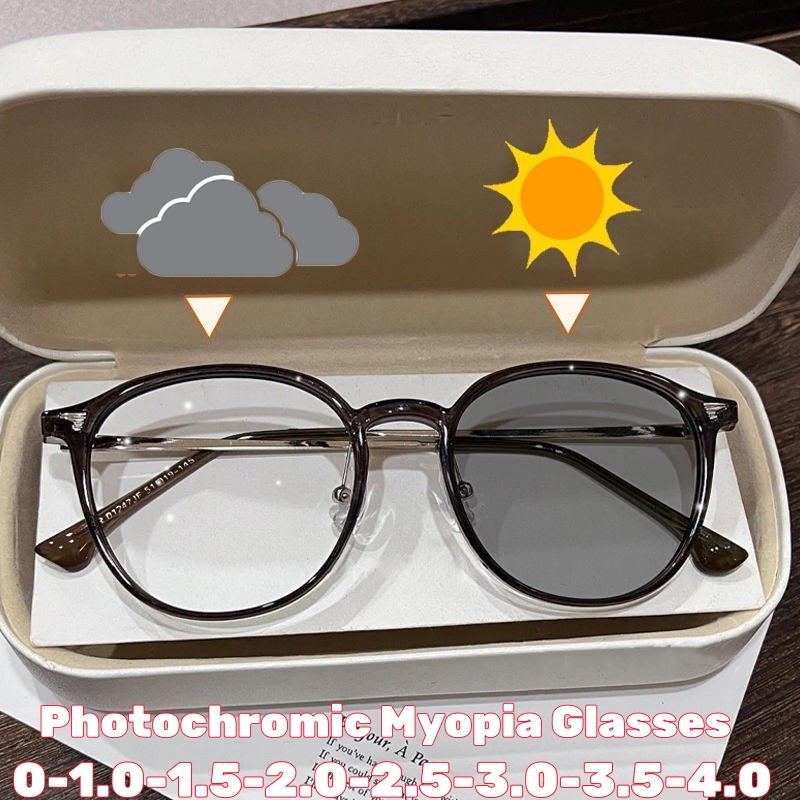 New Retro Round Frame Pochromic Myopia Glasses Women Men Anti Blue Light Color Changing Sunglasses Near Sight Eyewear +2.0