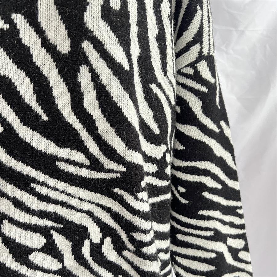 Women's new autumn and winter commuting knitted zebra print contrasting pullover sweater KTB