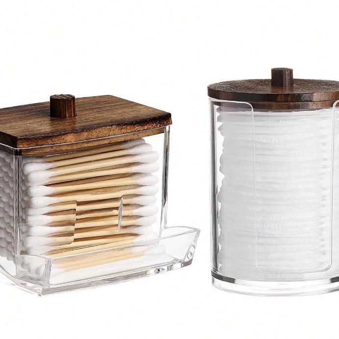 Bamboo Lid Cotton Swab & Makeup Remover Acrylic Storage Box: Includes Cotton Balls, Dental Floss, Round Box