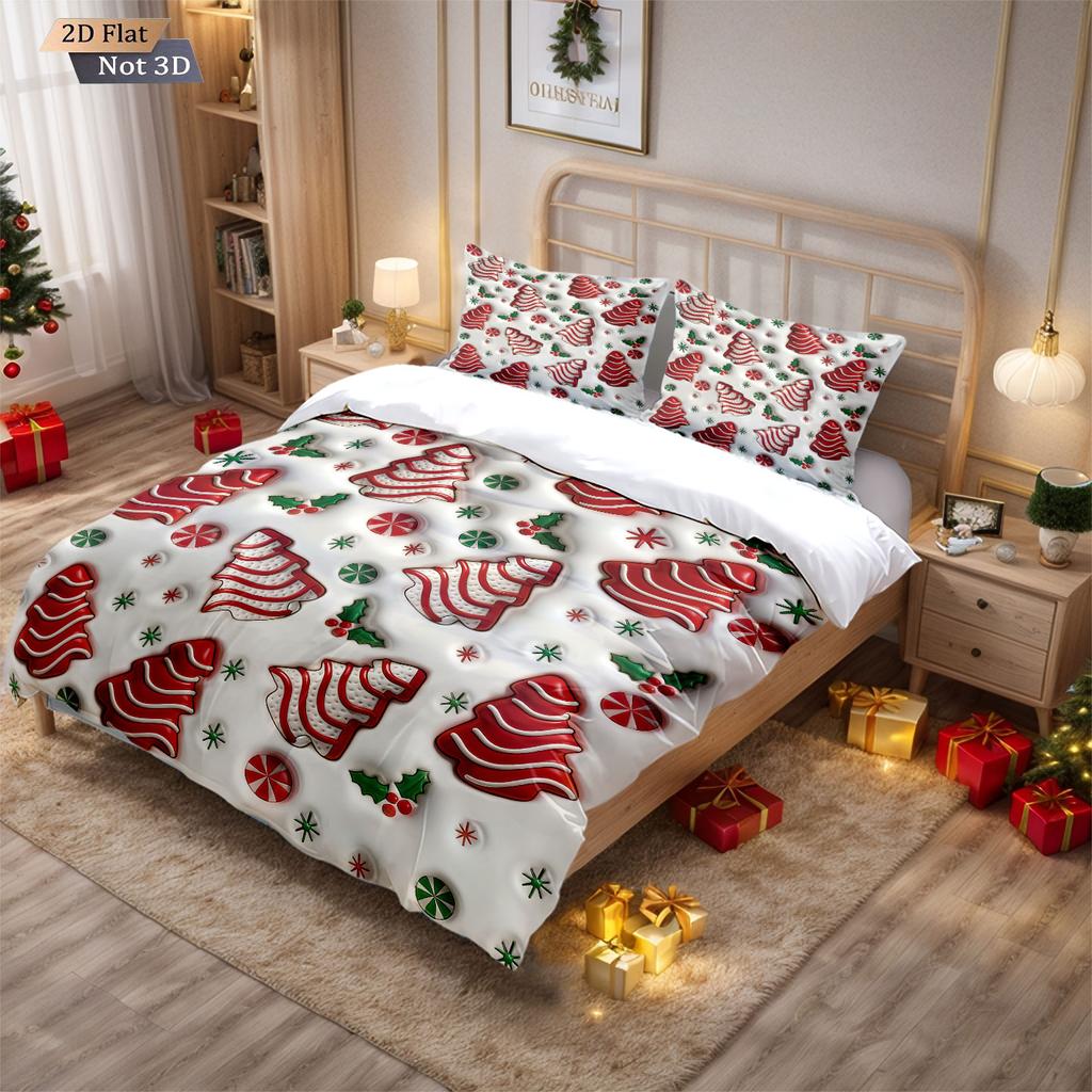 3pcs Red Christmas Tree Printed Coreless Bedding Set Comfortable Multi Size Bedroom and Dormitory Duvet Covers, Machine Washable