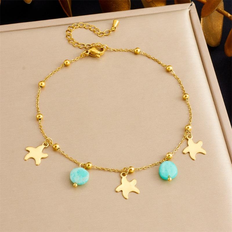 Gold Tone Star Charm Anklet with Turquoise Beads