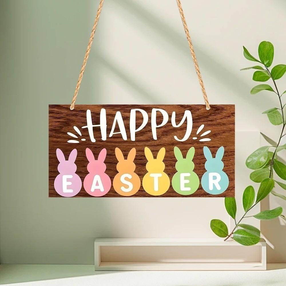 Colorful Rabbit Happy Easter Sign Flowers Pattern Egg Design Wall Decoration Cartoon Style Wooden Material Home Decoration