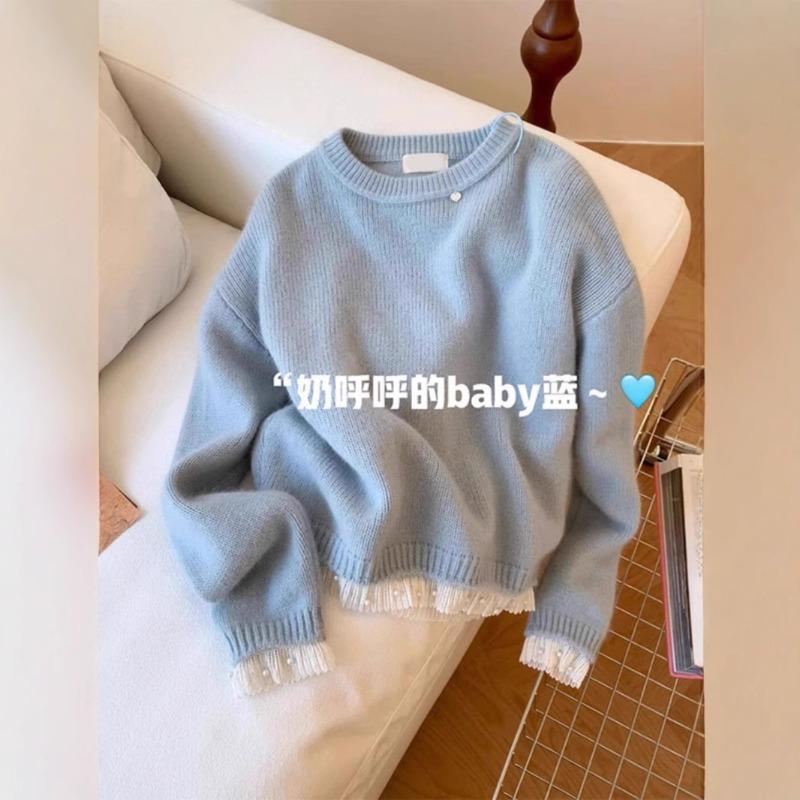 

Baby milk blue cuff lace stitching sweater femininity fashion pullover knitted sweater one size fits all синій