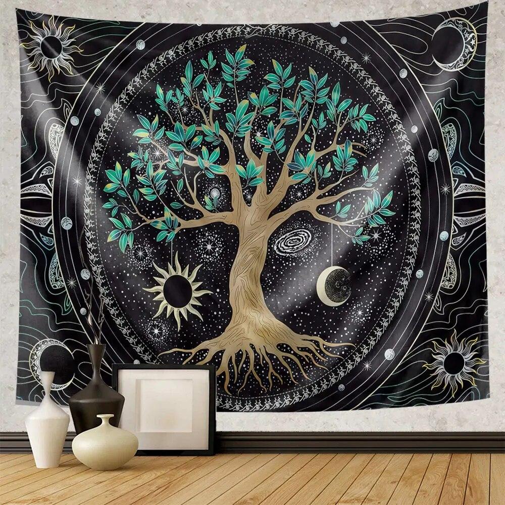 

Зеленое древо жизни гобелен хиппи психоделическое солнце и луна настенное колдовство эстетическое украшение дома фон 100x75cm