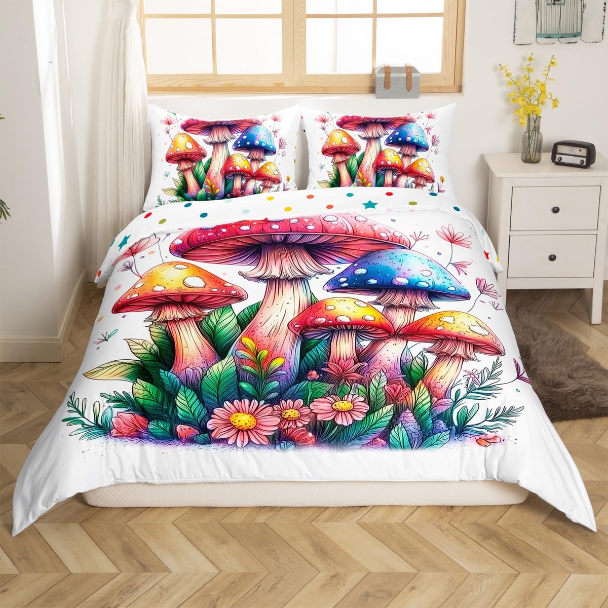

Colorful Gradient Mushroom Duvet Cover Cute Cartoon Mushroom Lightweight Duvet Covers King Size For Kids Boys Girls Teen 3Pcs EU Single(135x200cm)