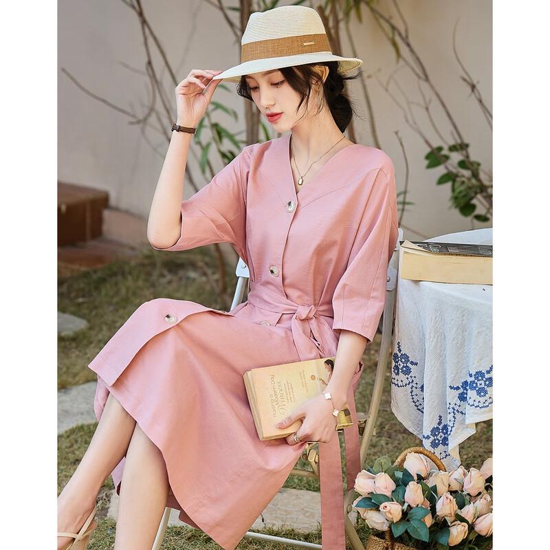 Женское платье-миди DeMana в французском стиле из смесовой льняной ткани с поясом на талии L