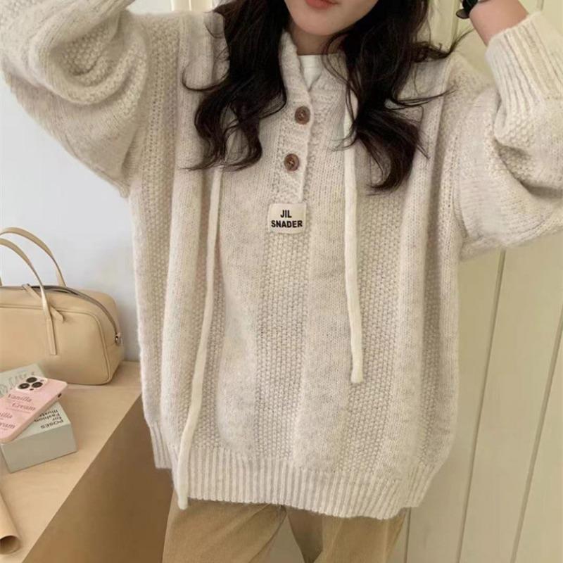 Korean Knitted Hooded Sweater Women Fall Winter Long Sleeved Warm Buttons Loose Pullover Solid Harajuku Lazy Sprots Sweatshirt