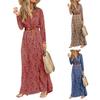Boho Women V Neck z długim rękawem Paisley Print Belt High Split Party Maxi Dress