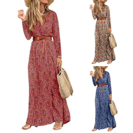 Boho Women V Neck z długim rękawem Paisley Print Belt High Split Party Maxi Dress