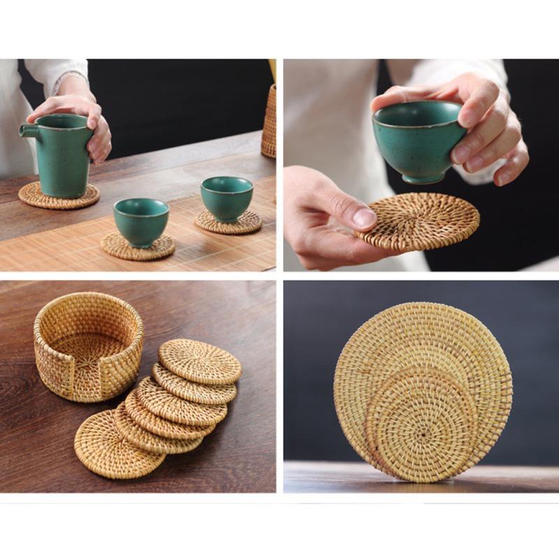 1PCS Handmade Rattan Placemat Coaster Table Natural Woven Cup Coaster Bowl Mat Plate Mat Heat Insulating Mat Non-Slip Mat