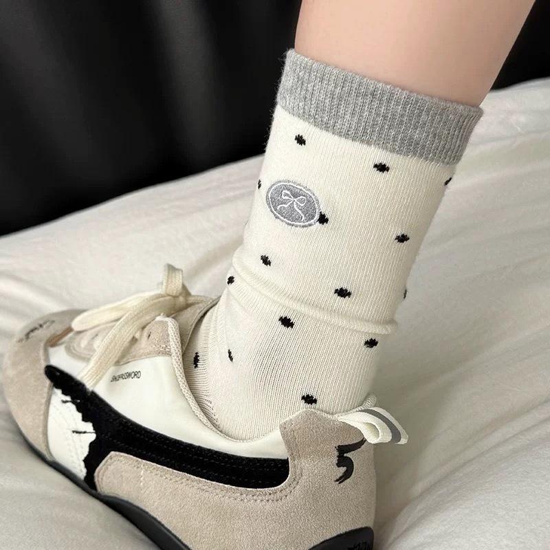 Coffee-colored Socks, Women's Polka Dot Mid-calf Socks, Autumn Cotton Socks, Trendy Embroidered Bows, Cute Pile Socks