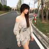 2KWEIRD Sexy Off Shoulder Sweatshirts Women Vintage Y2k Oversized Gray Jersey Tops Korean Style Pullovers Letter Printed Casual
