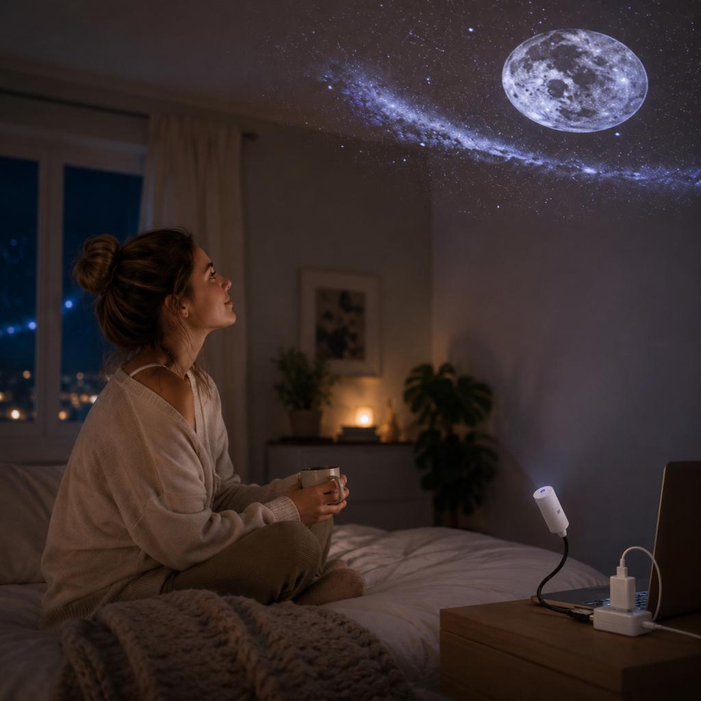 USB Projection Night Light with Replaceable Film Slides - Planet Moon Theme for Car and Home Decorative Ambient Lighting
