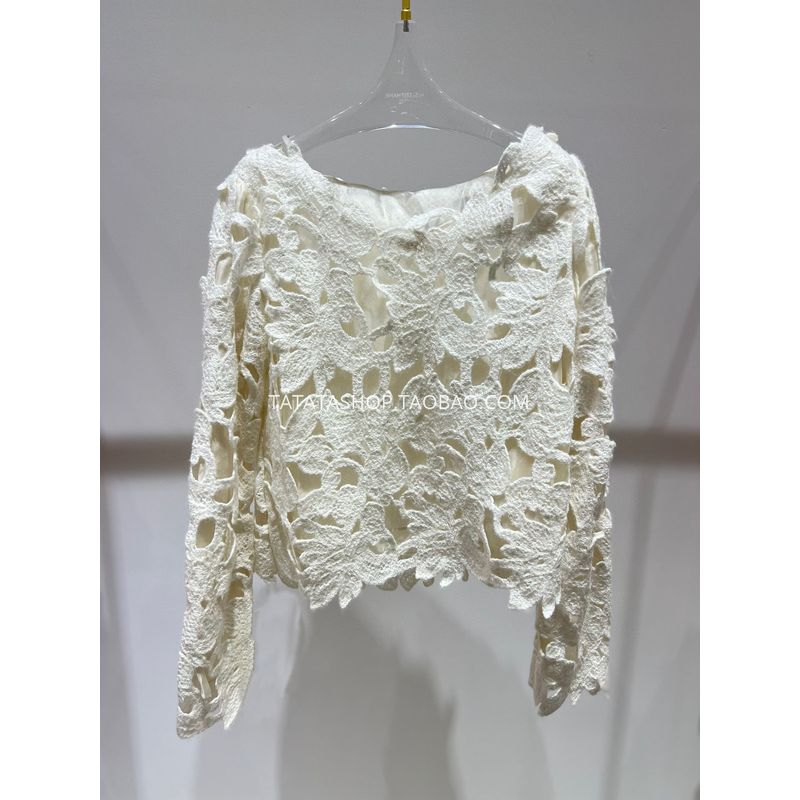 

Western Style Handmade Crocheted Cut Out Long Sleeve Blouse Pullover Rice White S