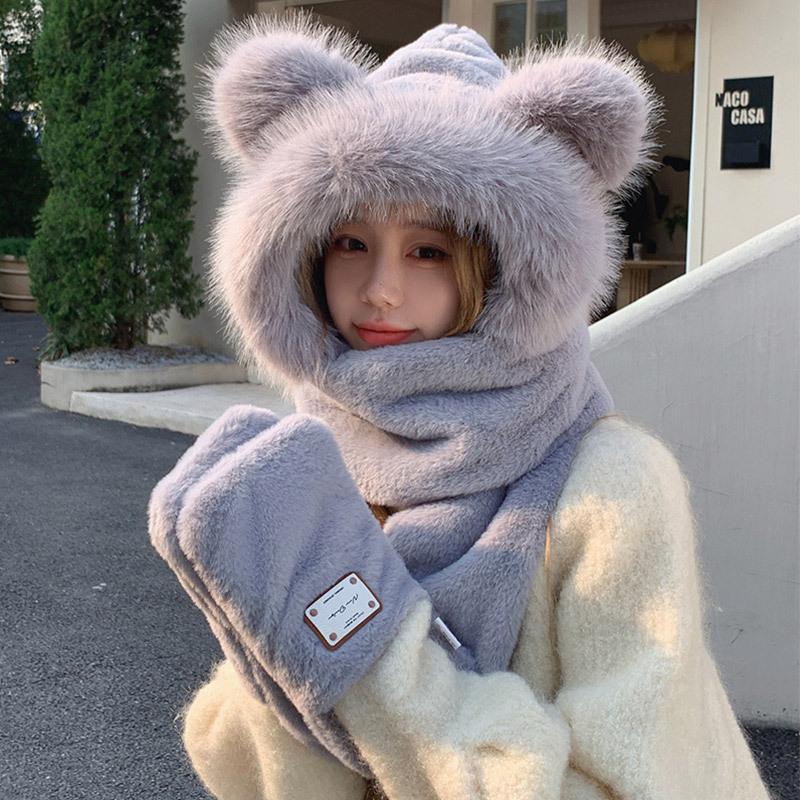 Korean Cute Plush Three-piece Set for Women's Autumn and Winter New Scarf Gloves Hat Integrated Plus Velvet Cold Proof and Warm Hat