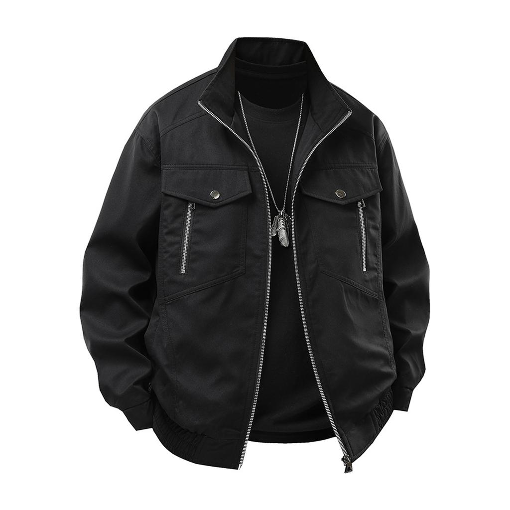 Men's Solid Color Zipper Lapel Retro Jacket Casual Sports Fashion Workwear Coat