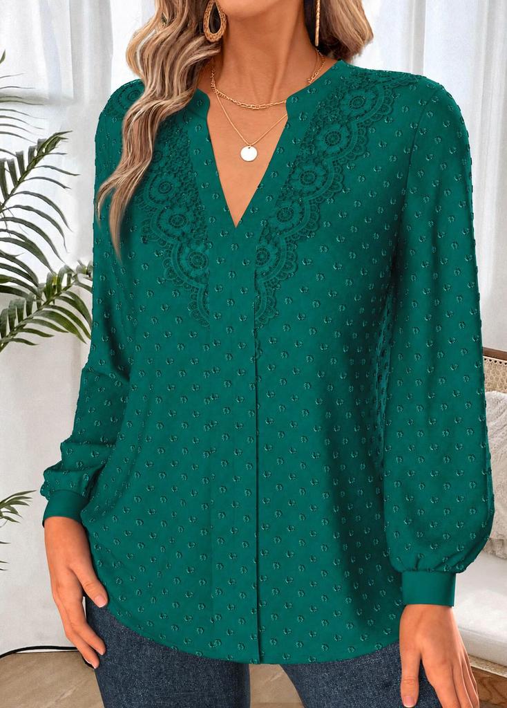 Women's Casual Long Sleeve V-Neck Blouse with Lace Trim, Color
