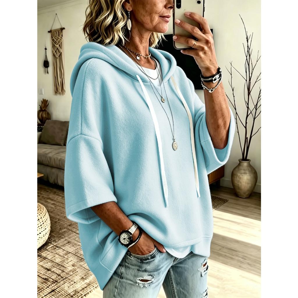Women's Loose Seven Quarter Sleeves, Hooded Drawstring T-shirt, Batsleeved Top, Outerwear