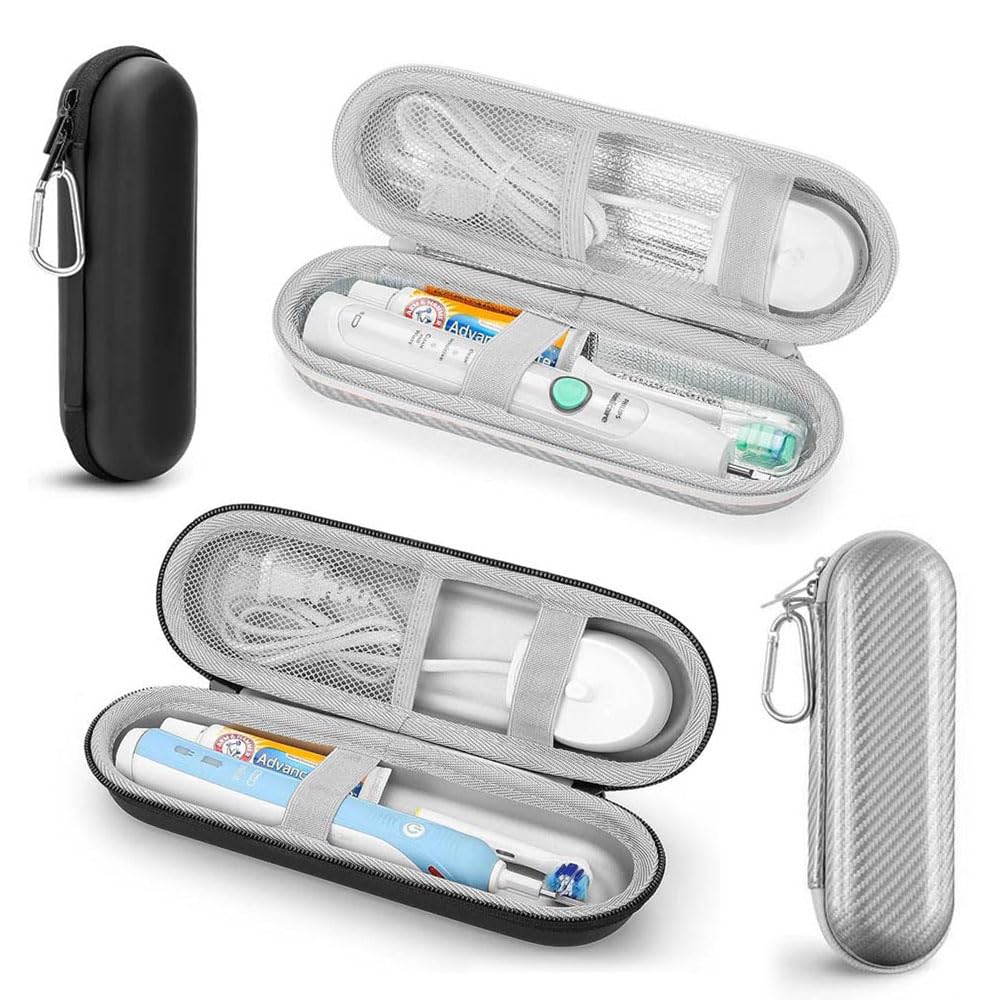 Electric Toothbrush Case, Black & Silver, 2-Color Set, Waterproof, Shockproof, with Mesh Pocket, Portable Travel Storage Bag, 22 x 9cm, Universal
