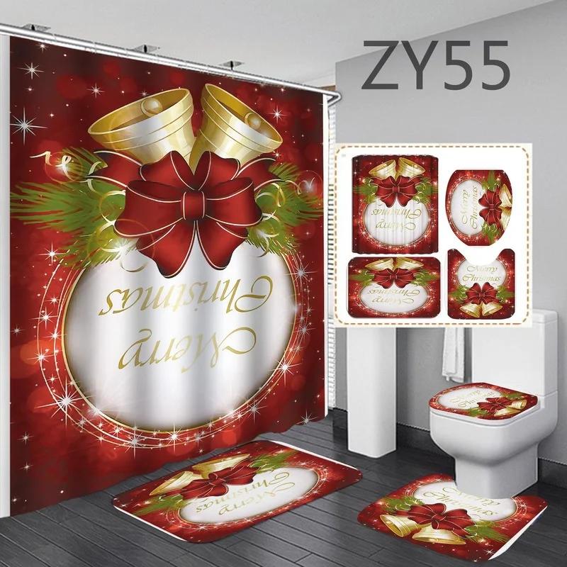 4PCS/Set Christmas Bathroom Curtains Set Santa Claus Shower Curtain Toilet Cover Mat Non Slip Rug Waterproof Shower Curtain