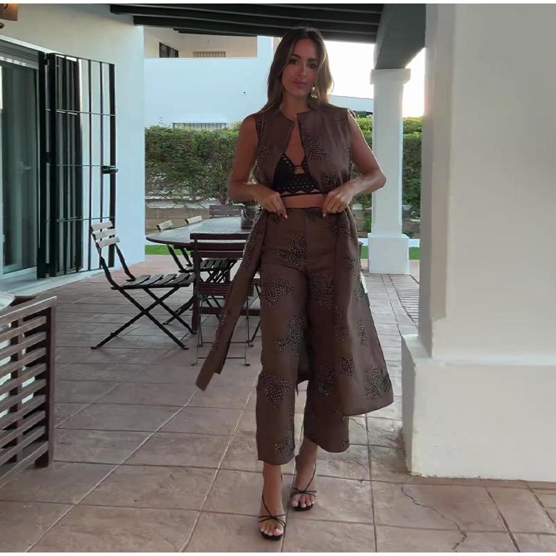 Mode Stickerei Hosen Frauen Retro Mittlere Taille Breite Bein Schnürhose Weibliche Sommer Herbst Lose Street Pant