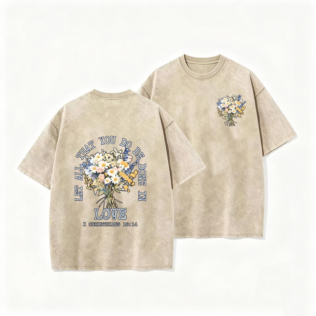Men Women Vintage Washed Floral T-Shirt Boho Flower Bouquet Letter Graphic Crew Neck Short Sleeve Shirt Top