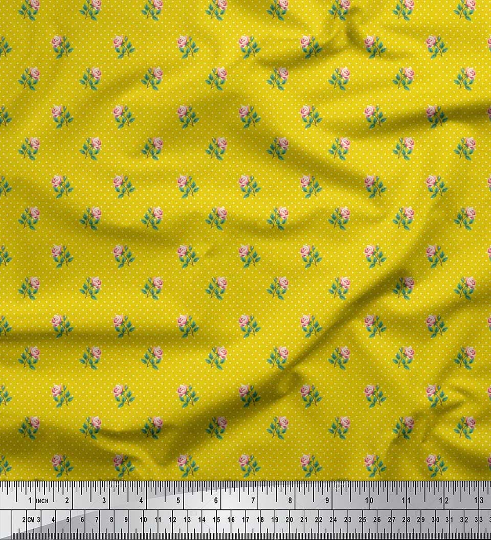 

Тканина Soimoi Japan Crepe Satin Dot, Leaves & Rose Floral Print Тканина на метр 42 дюйма 42 Inch Wide - Poly Crepe жовтий
