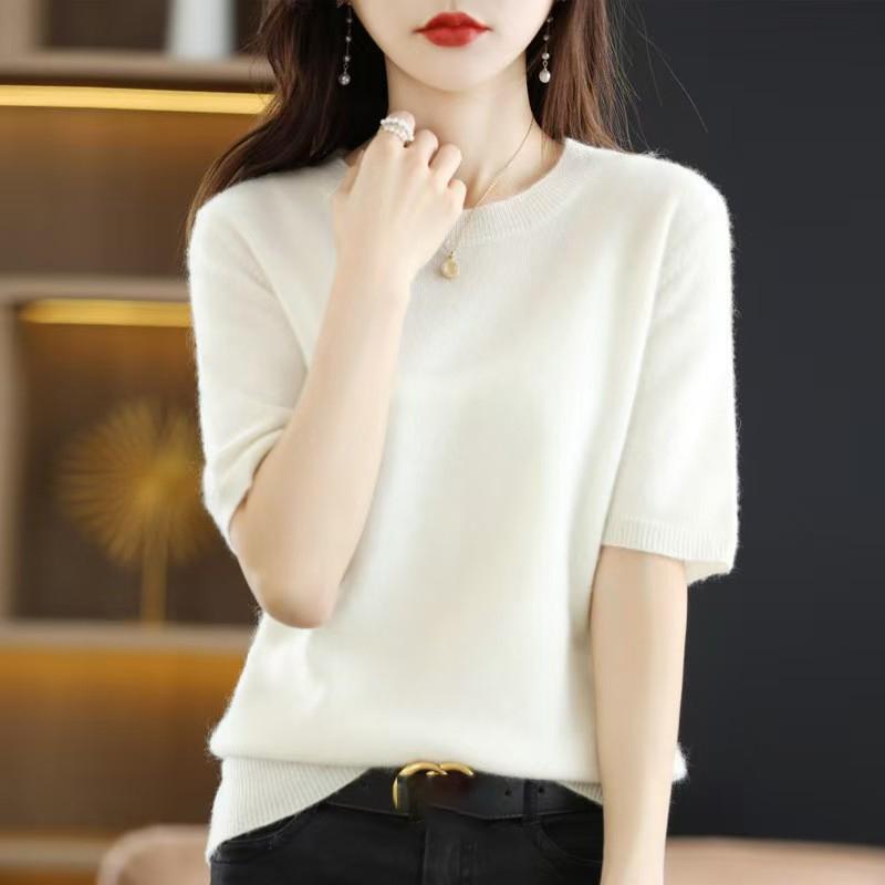 

Loose Women s Round Neck Short Sleeve Knitted Sweater T-Shirt Base Layer Spring Autumn Short Top XS білий