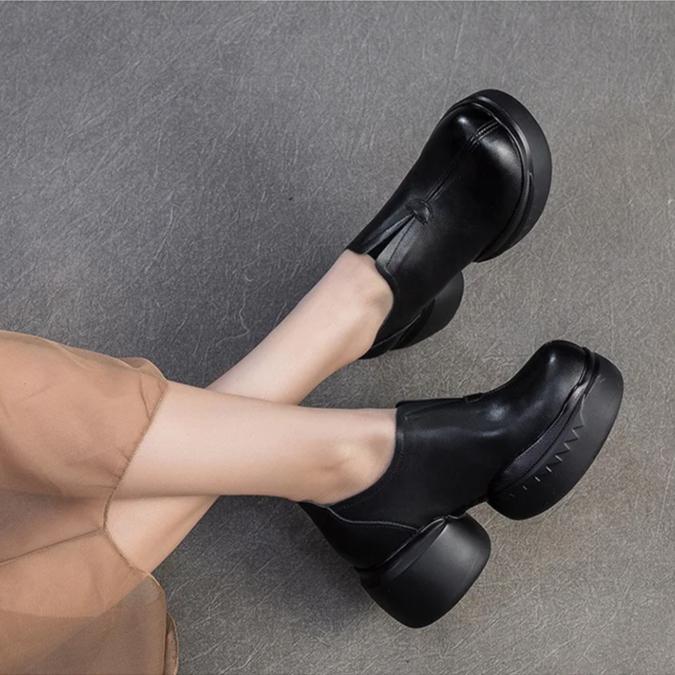 Johnature Retro Solid Color Thick Soled Pumps Genuine Leather Comfortable And Versatile Women's Slip-on Shoes