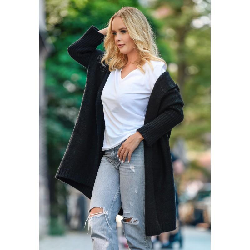Pull en tricot à capuche chauve-souris surdimensionné pour femme 2026 Mélange d'acrylique doux Chic décontracté Tenue de bureau Longueur moyenne Ouverture sur le devant