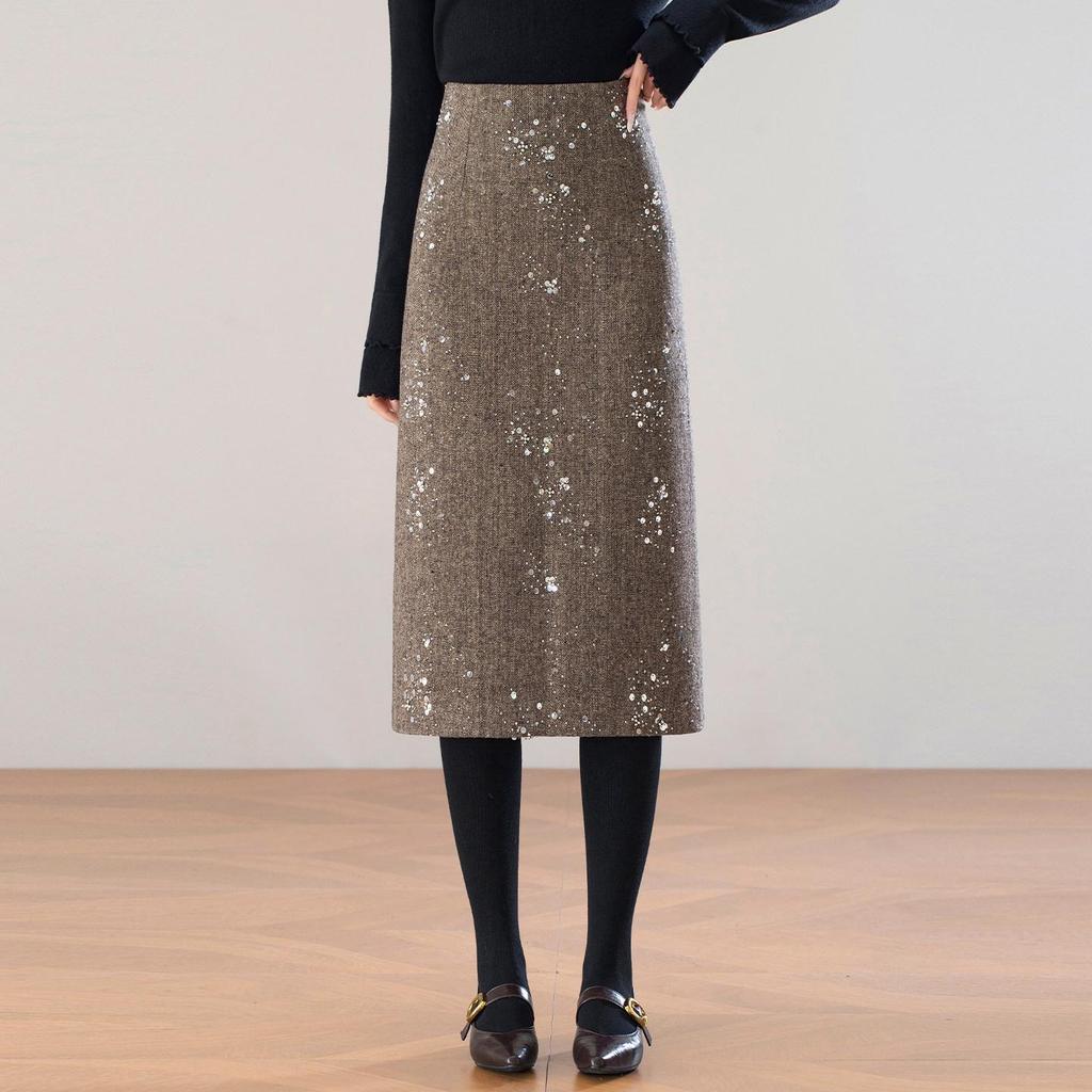 2025 Winter Elegant High-Waist Mid-Length Sequin Wool Slit Skirt for Women