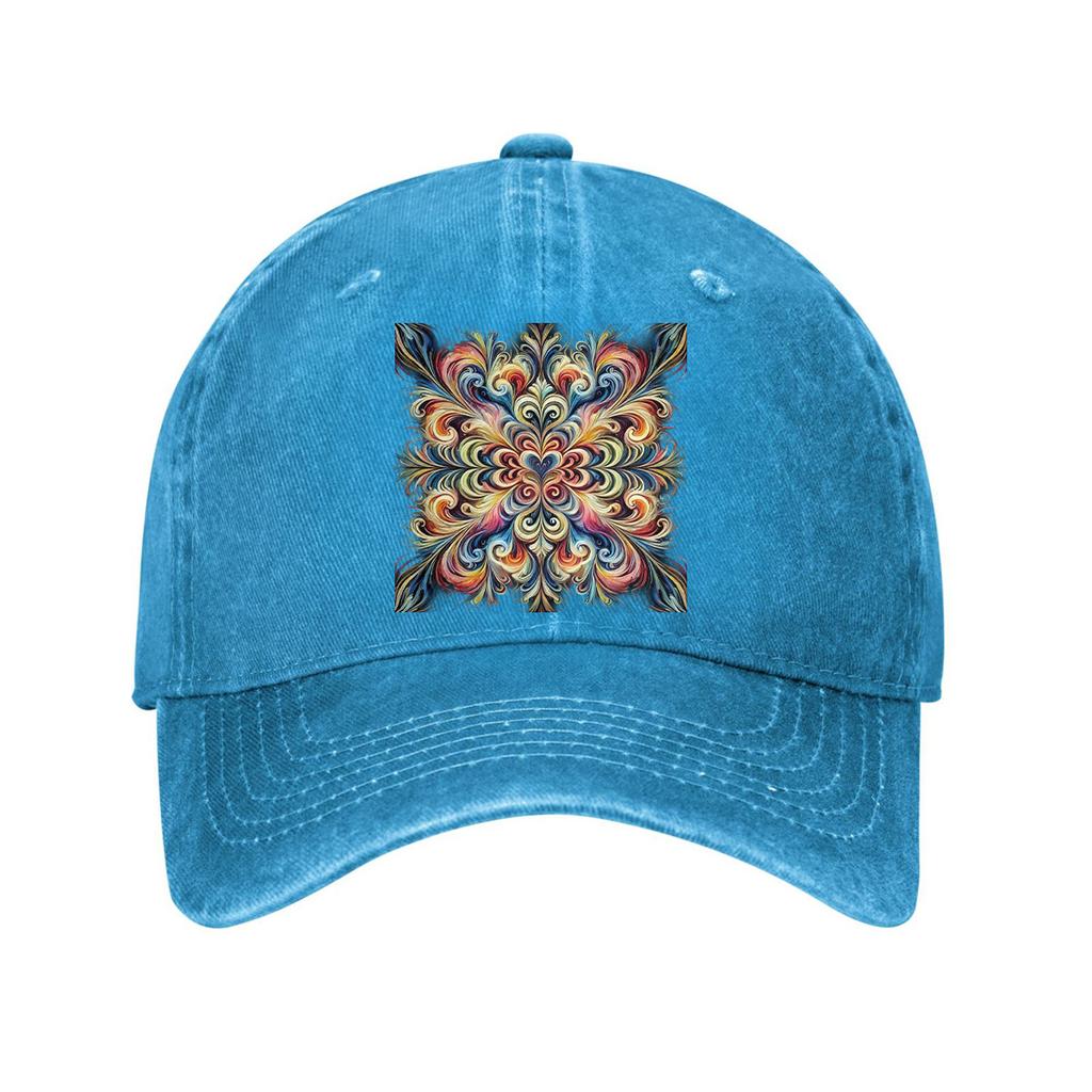 Vibrant Mandala Print Washed Denim Baseball Cap Psychedelic Abstract Curved Brim Adjustable Dad Hat Unisex
