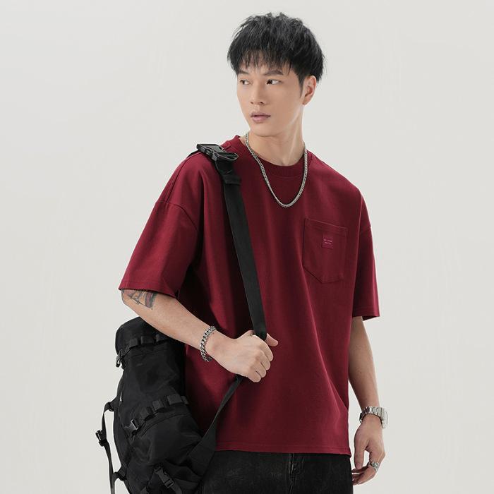 Chest Pocket Short Sleeve Heavy 300g Loose Casual and Versatile Shoulder Line Wear T-shirt for Men