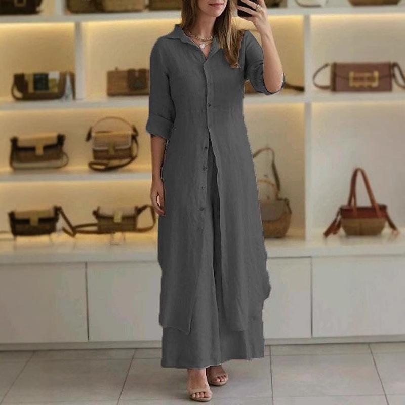 2025 European and American women's clothing new summer and autumn urban elegance cotton and linen slim waist long-sleeved shirt wide-leg pants suit