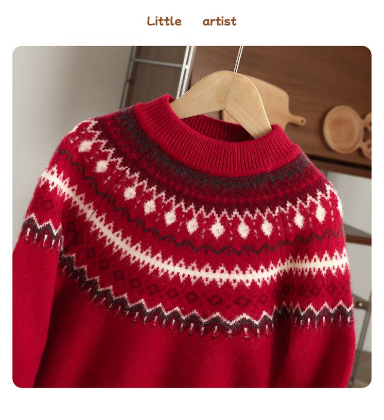 Maglione in Lana Fair Isle per Bambini - Spesso, Caldo, Stile Retro Rosso per Autunno/Inverno Ragazzi e Ragazze