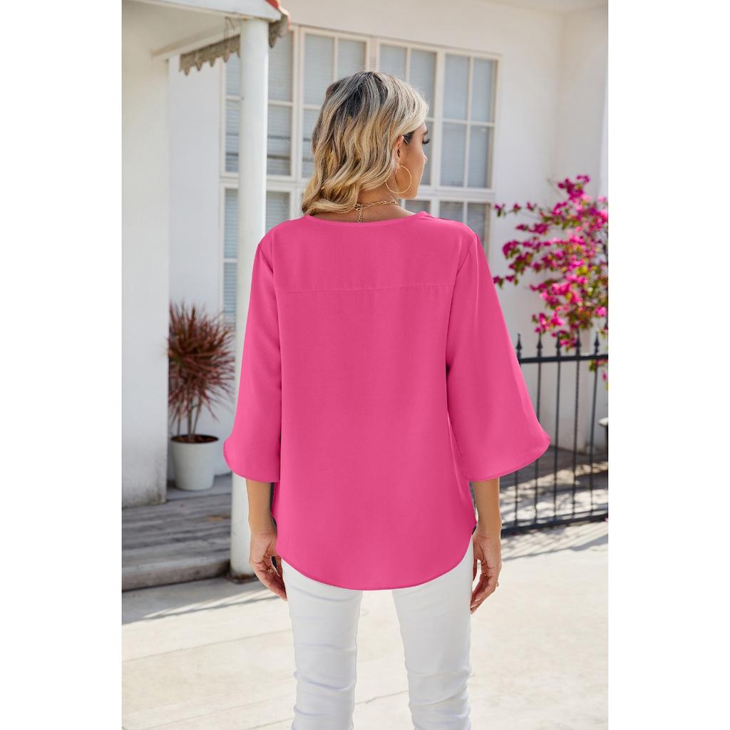Spring Summer New Women's Solid Color V-Neck Mid Sleeve Loose Chiffon Blouse Top