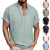 Men Henley Short Sleeve Shirt Casual Stand Collar Button Down Pocket Design Loose Fit Lightweight Top