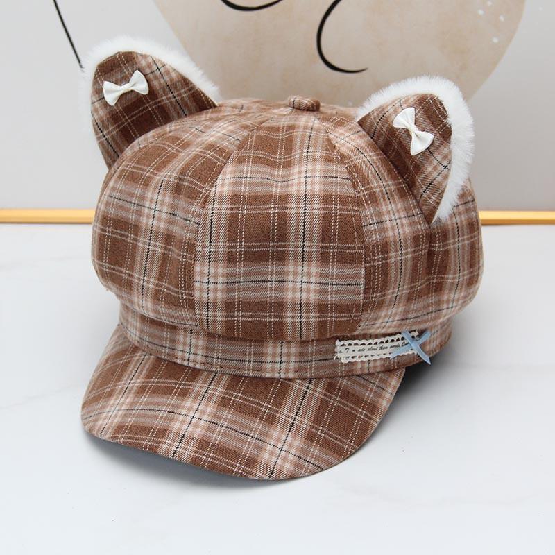 Cute kitten ears plaid octagonal hat women's autumn and winter British college style shows the face of the small versatile newsboy hat tide