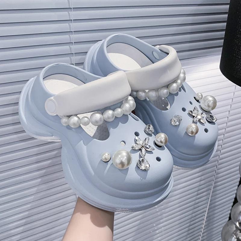 Fashion Cute Pearls Chain Chunky Sandals Women Fashion Diy Eva Platform Clogs Shoes Woman Outdoor Non Slip Soft Bottom Sandles Female
