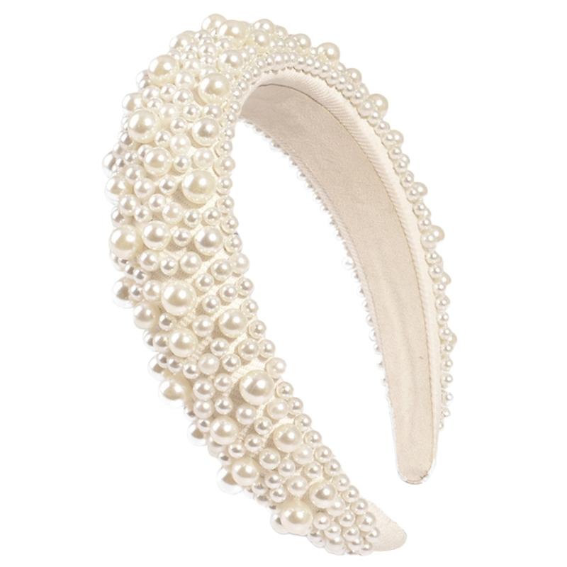 

Adjustable Sponge Headband Fashion forward Headband with Pearls Enhancement Dainty Beaded Hairband for Fashionistas білий