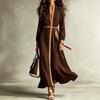 Women Color Block Trim V Neck Long Sleeve Belted Maxi Dress Casual Loose Fit Dress