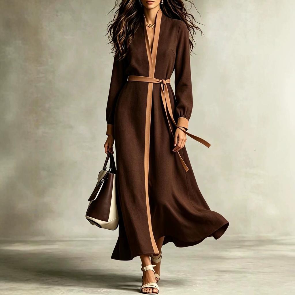 Women Color Block Trim V Neck Long Sleeve Belted Maxi Dress Casual Loose Fit Dress