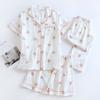 Neues dreiteiliges Pyjama-Set für Damen im Frühjahr und Sommer, kurze Ärmel + Shorts + Hose, 100 % Baumwollgaze, Homewear-Set mit Love-Print