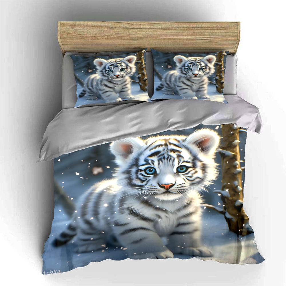 White Tiger Art Decor Set Soft Comfortable Duvet Cover Bedding Set Included 1*Duvet Cover & 2*Pillowcases, Gift